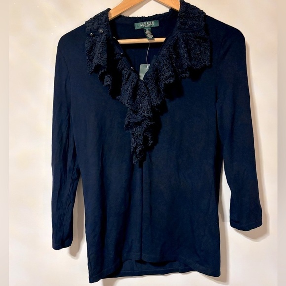 Ralph Lauren- Navy long sleeve shirt with lace collar and neckline - Picture 1 of 5